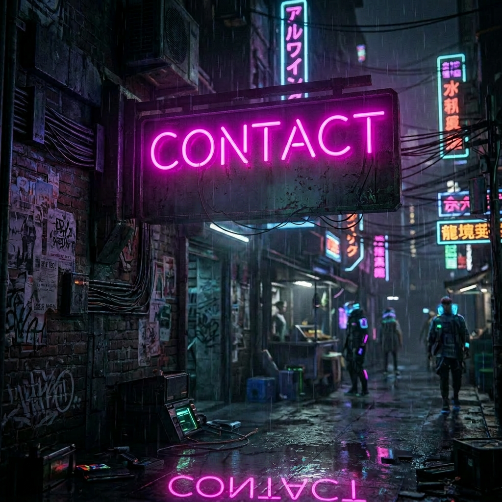 Rainy cyberpunk street with neon sign reading 'CONTACT CYBERNETIC INTERFACE Est. 2077'