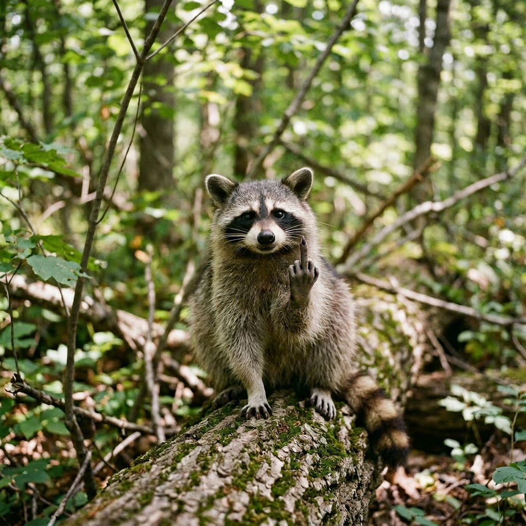 Raccoon sitting on a log in forest with one paw lifted as if waving